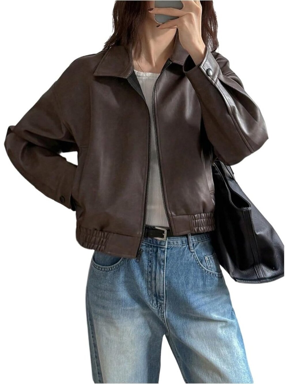 Women's Brown Faux Leather Oversized Bomber Motorcycle Jacket Cropped Coat